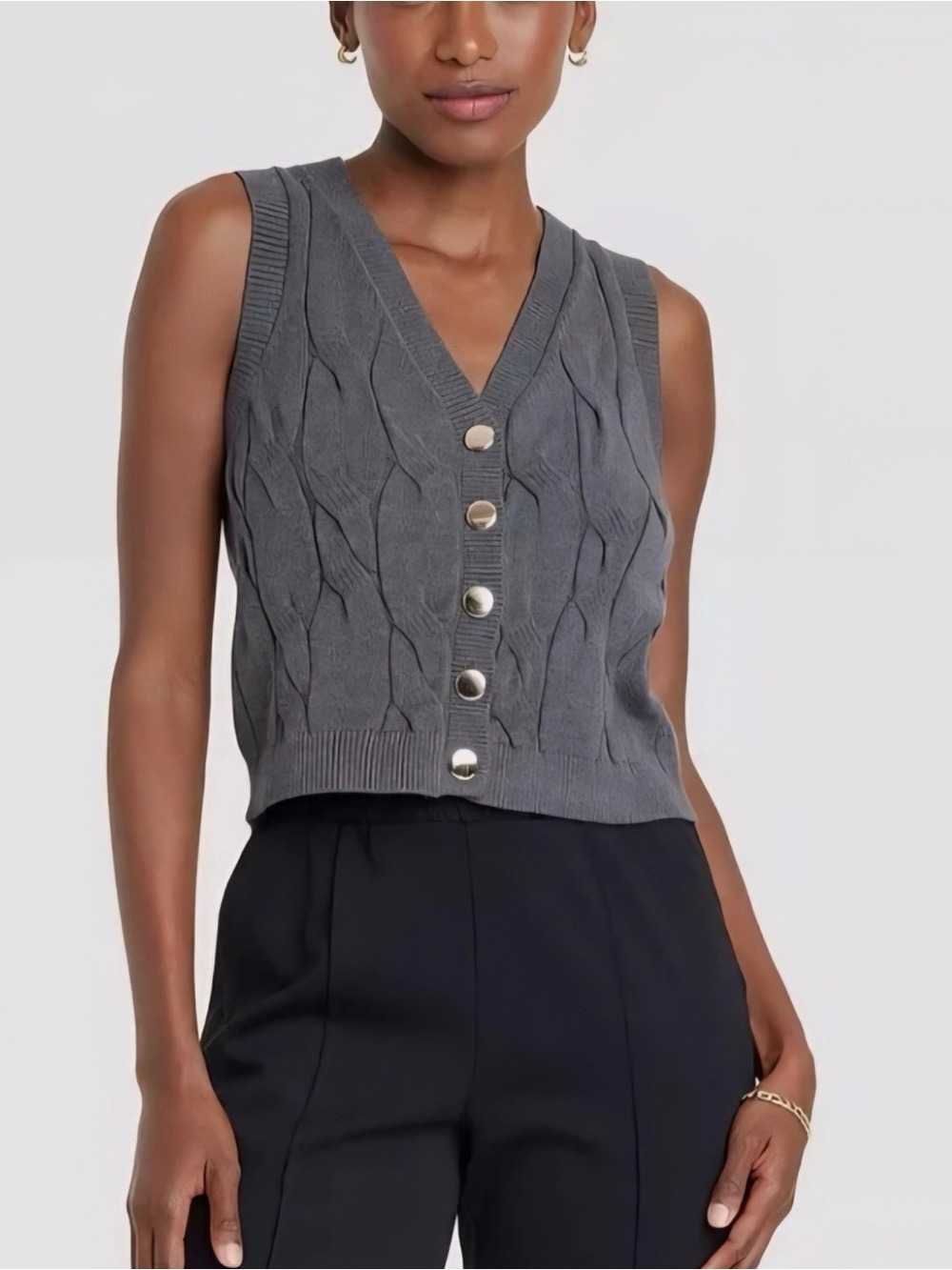 NWT a new day Sleeveless Cable Knit Button-Front Vest in Charcoal